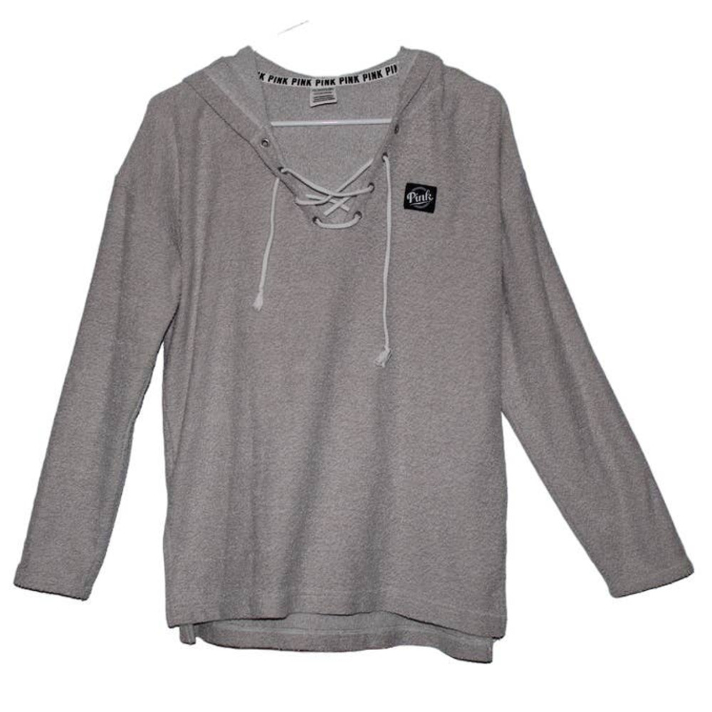 PINK Victoria's Secret Gray White Pullover Long Sleeve Hooded Shirt Sweater Sz S